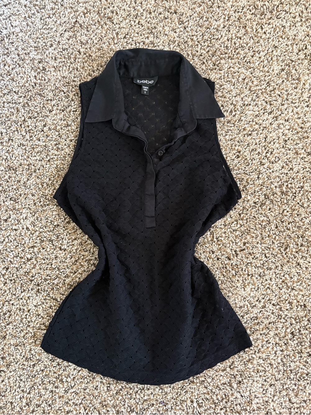 bebe Black Eyelet Knit Sleeveless Collared Tank